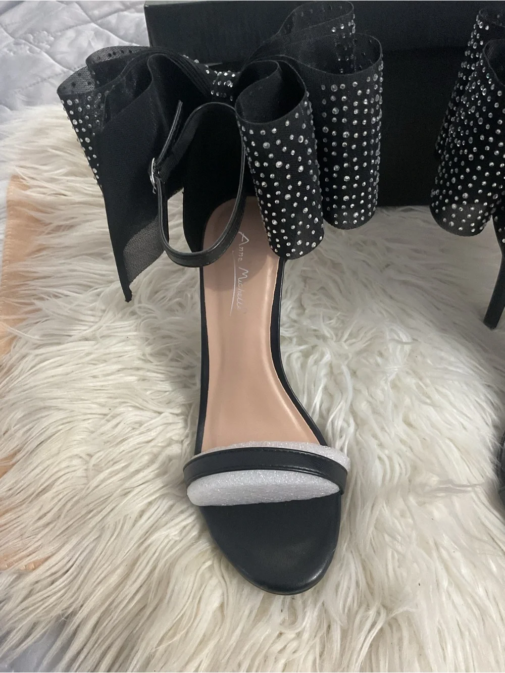 Anne Michelle Black Bow Ankle-Strap Heels with Studded Detail